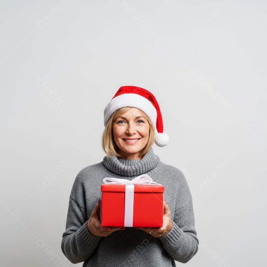 Mulher sorridente com gorro de Papai Noel segurando presente de Natal