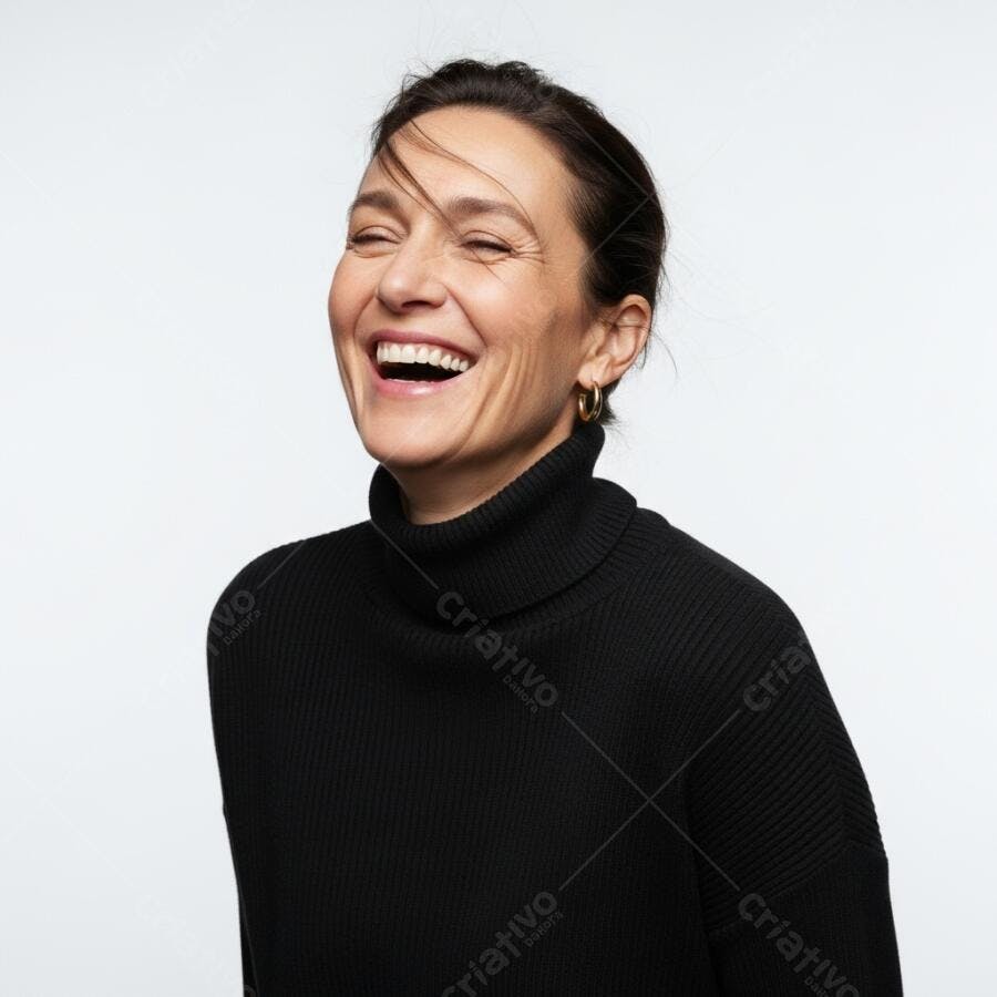 Mulher feliz de meia idade rindo alto com suéter preto em fundo branco
