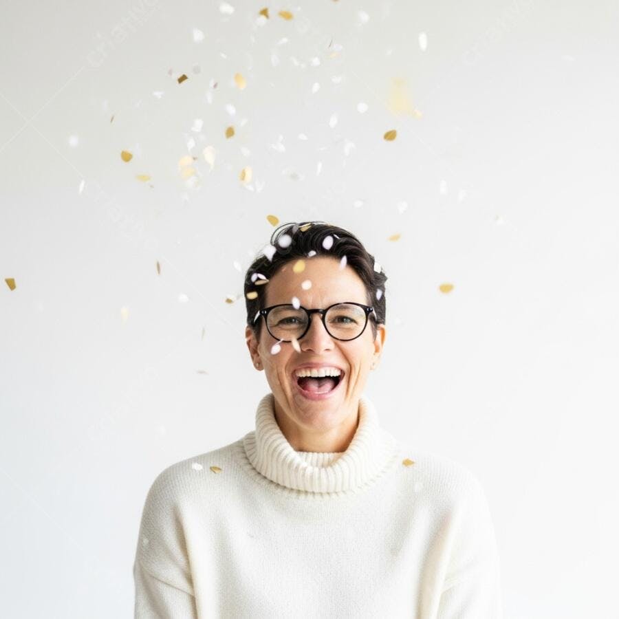 Mulher caucasiana feliz sorrindo com confetes dourados e brancos sobre fundo branco