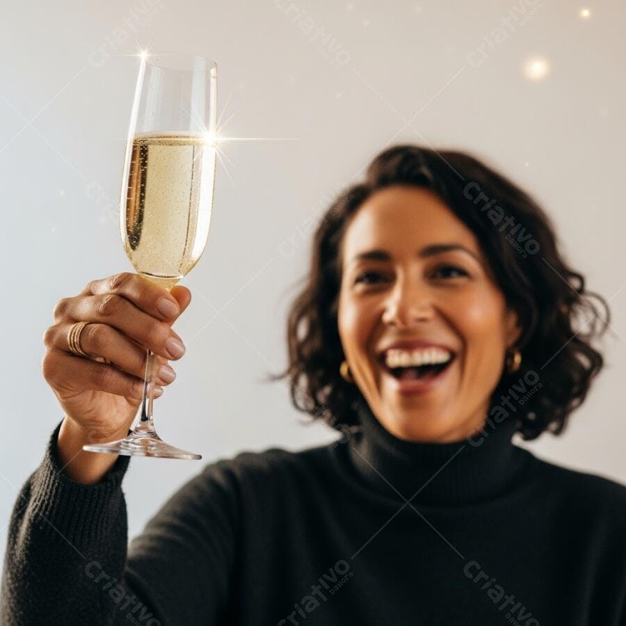 Mulher sorrindo brindando com taça de champanhe em celebração