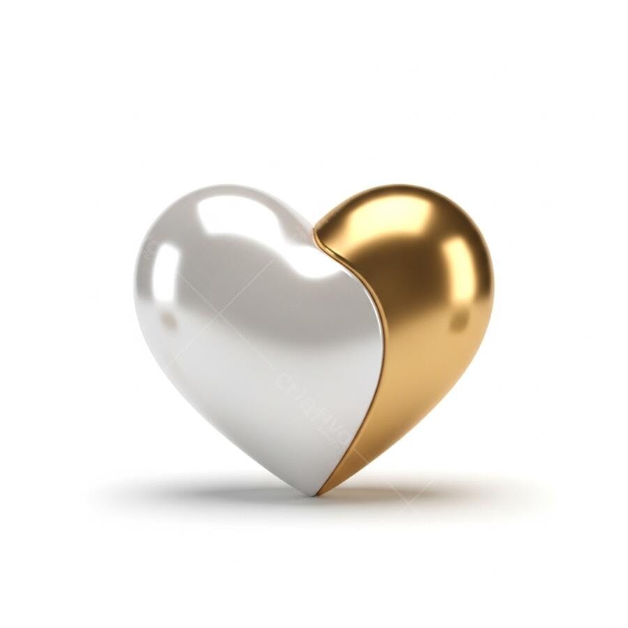 Coração dourado e branco perolado 3D com superfície brilhante em fundo branco