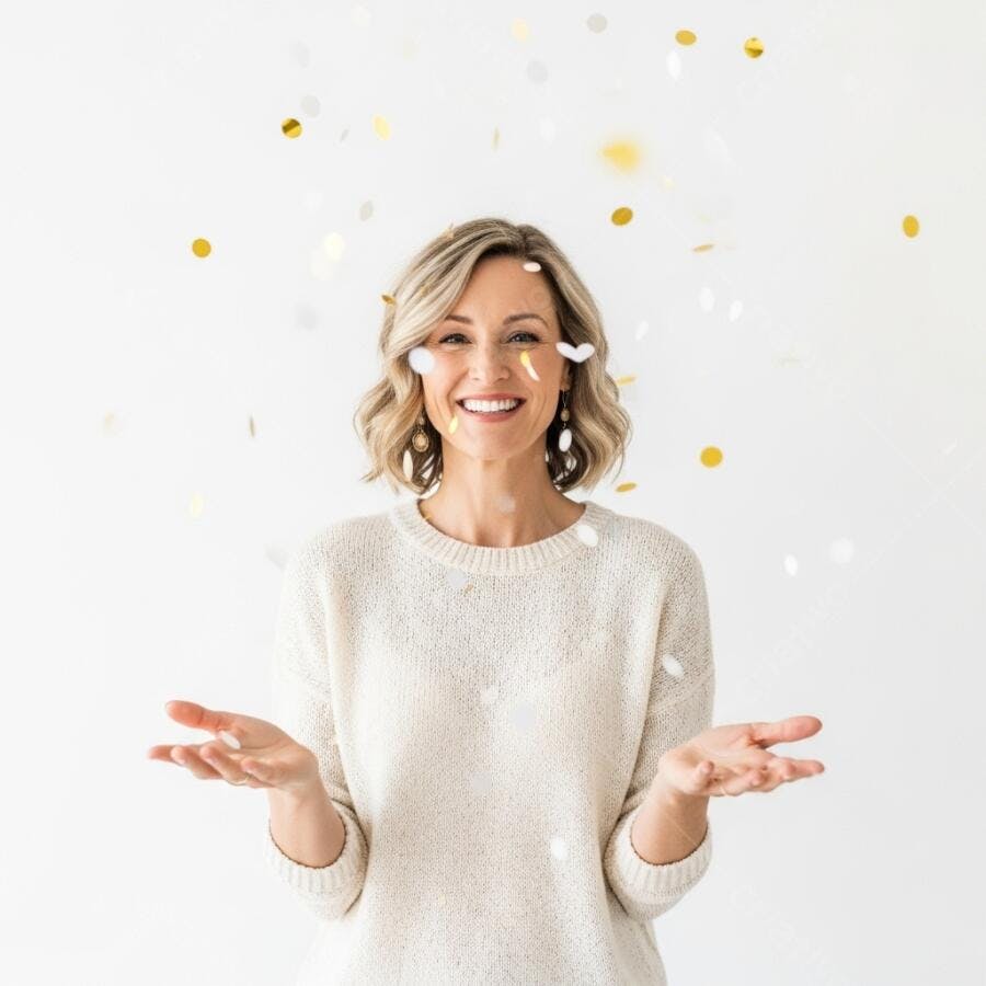 Mulher loira feliz sorrindo com confetes dourados caindo celebrando