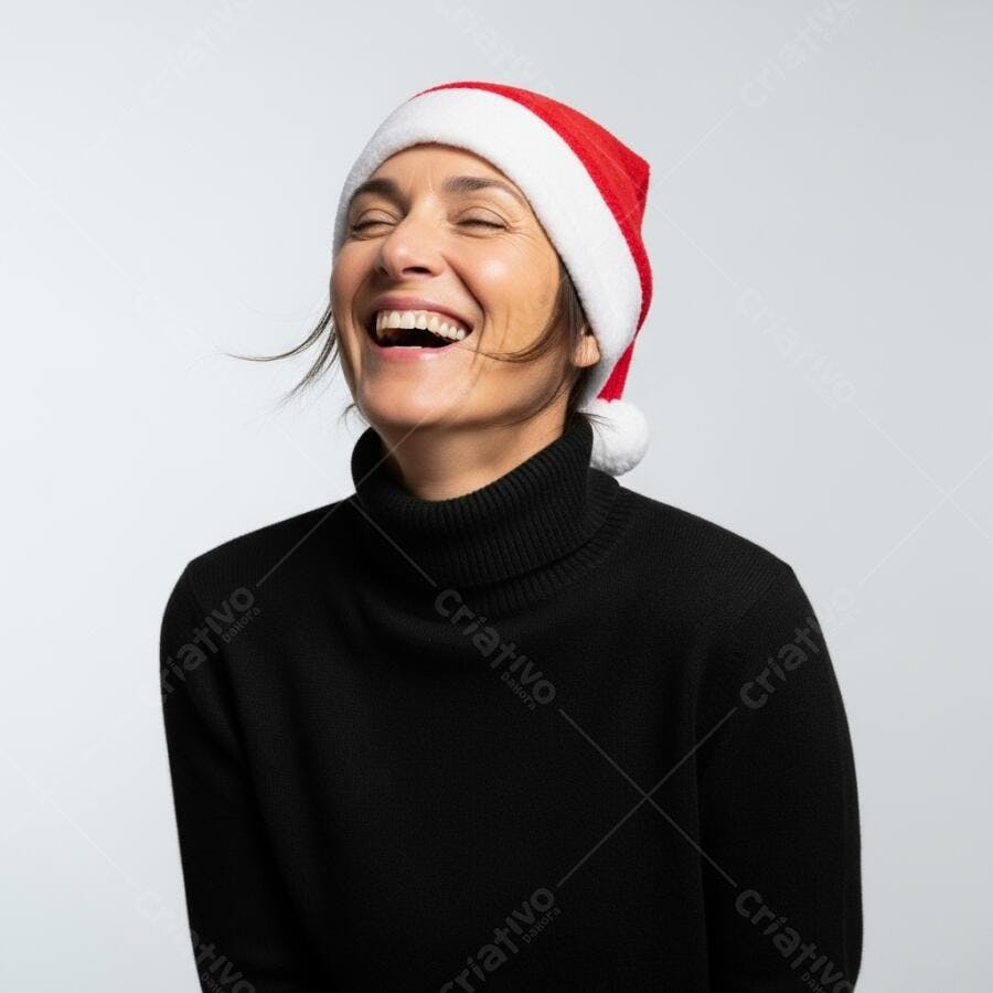 Mulher feliz de chapéu de Papai Noel rindo em estúdio