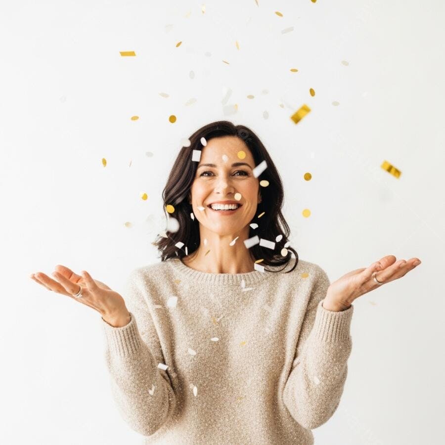 Mulher feliz sorrindo com confete dourado caindo em fundo branco