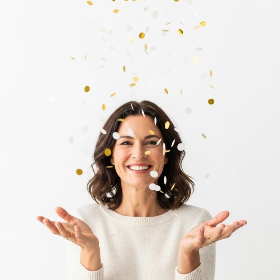 Mulher feliz com confete dourado e branco caindo em fundo branco