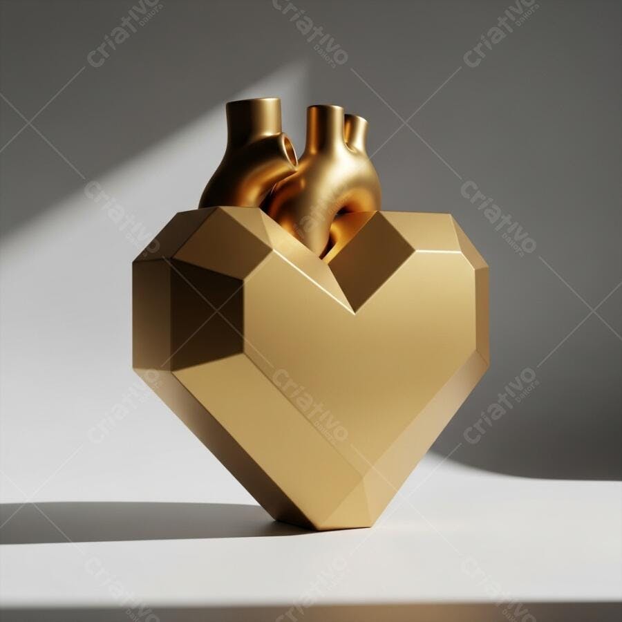 Coração anatômico dourado emergindo de coração geométrico em 3D