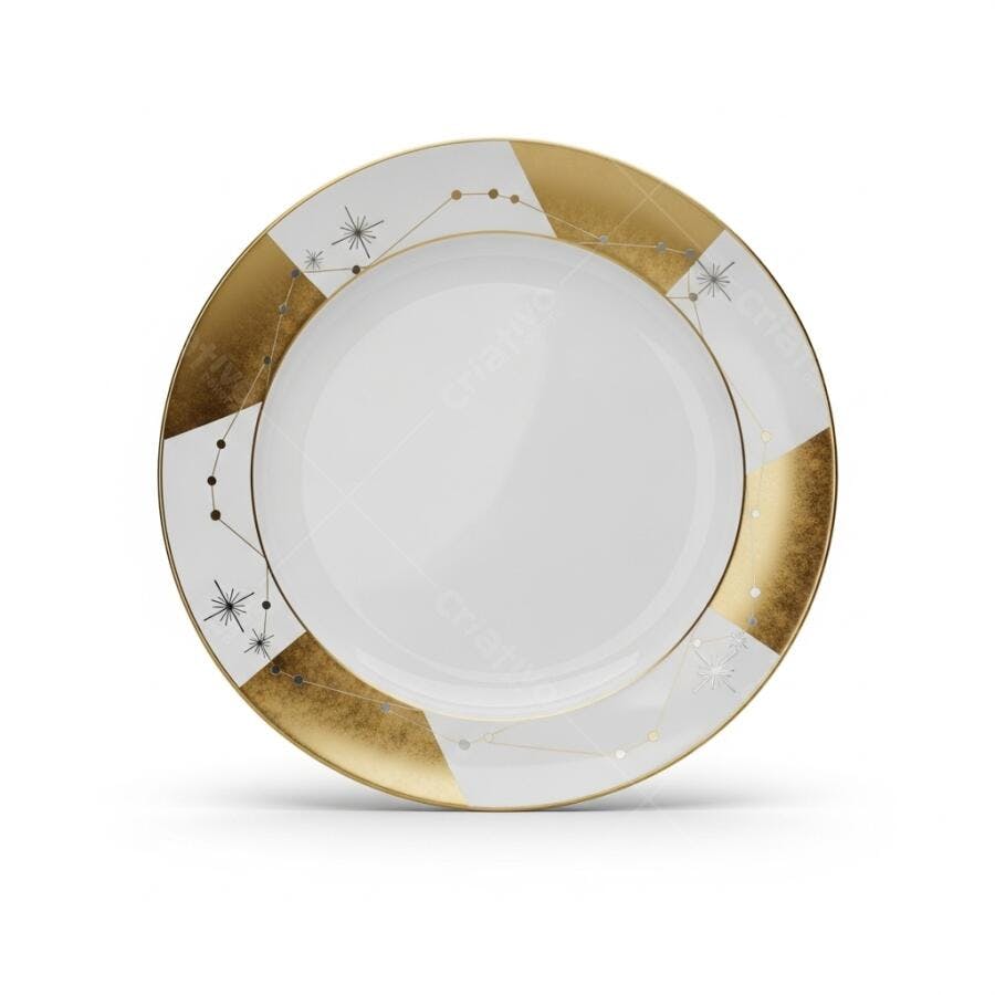 Prato elegante branco e dourado com design de constelações celestiais