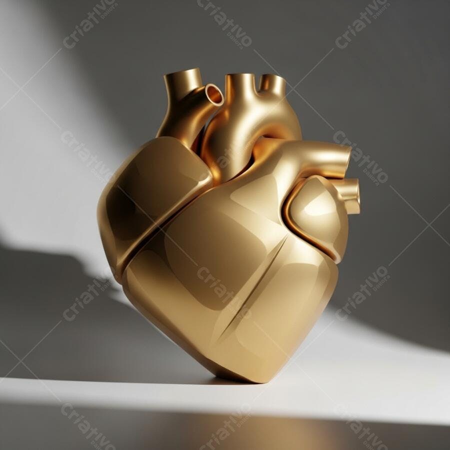 Coração humano dourado 3D renderizado em fundo neutro e cinza