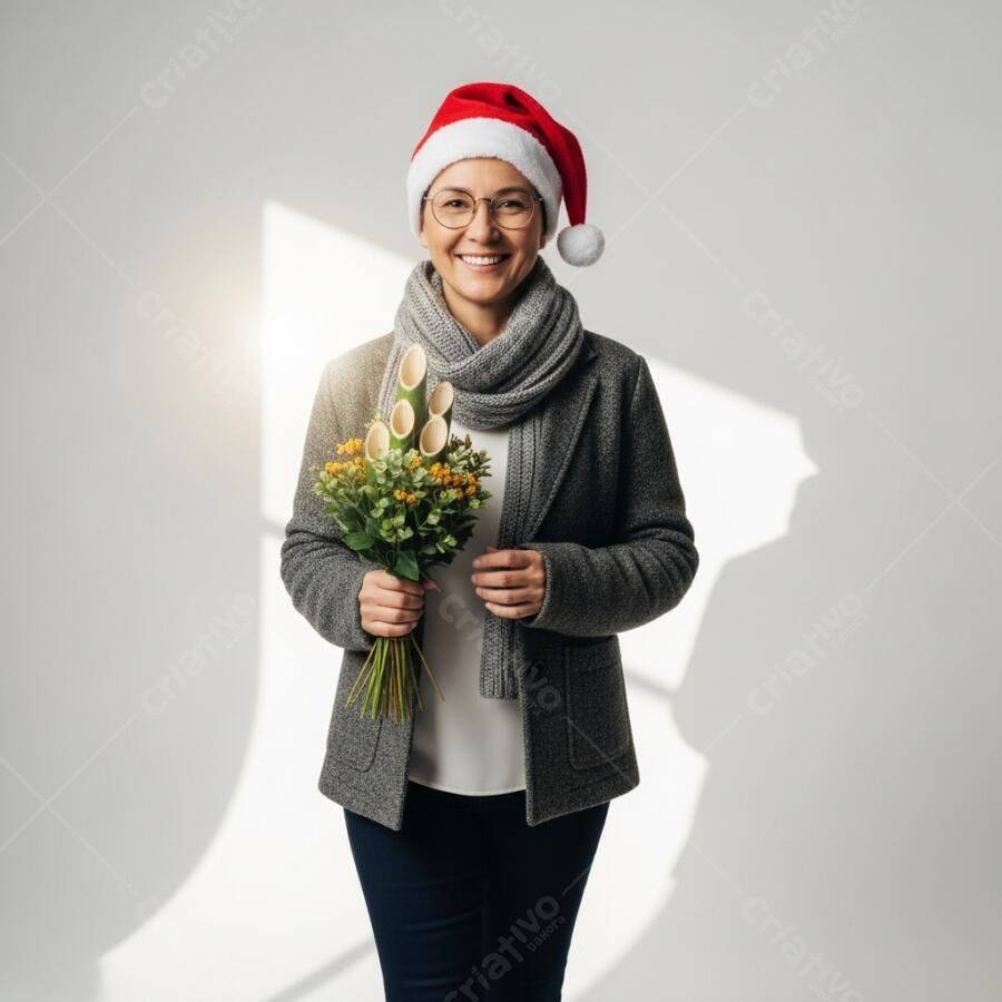 Mulher sorrindo com gorro de Papai Noel e arranjo de Ano Novo japonês
