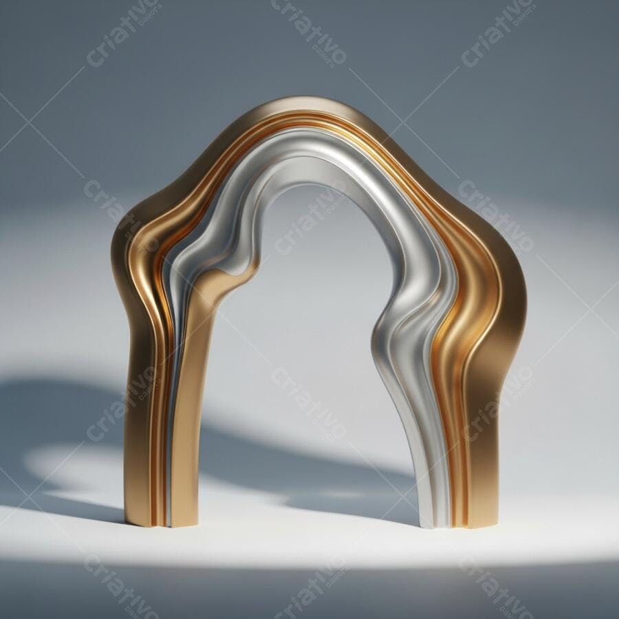 Objeto abstrato dourado e prateado com curvas fluidas em estúdio