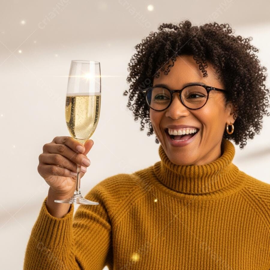 Mulher negra celebrando com taça de champanhe suéter amarelo mostarda sorrindo