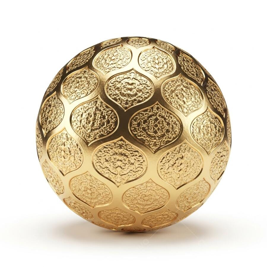 Esfera dourada com padrões ornamentados em fundo branco isolado