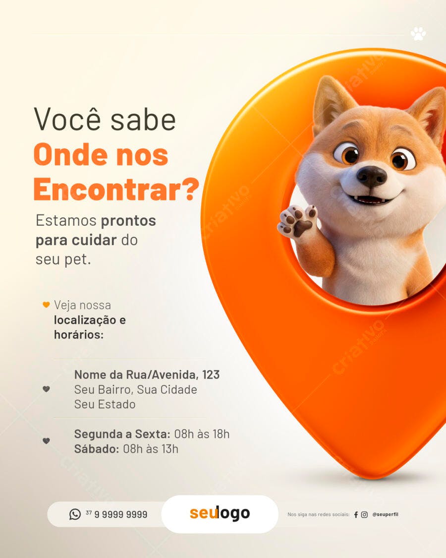 Post Redes Sociais Pet Shop Onde nos Encontrar Cão Fofo PSD Editável