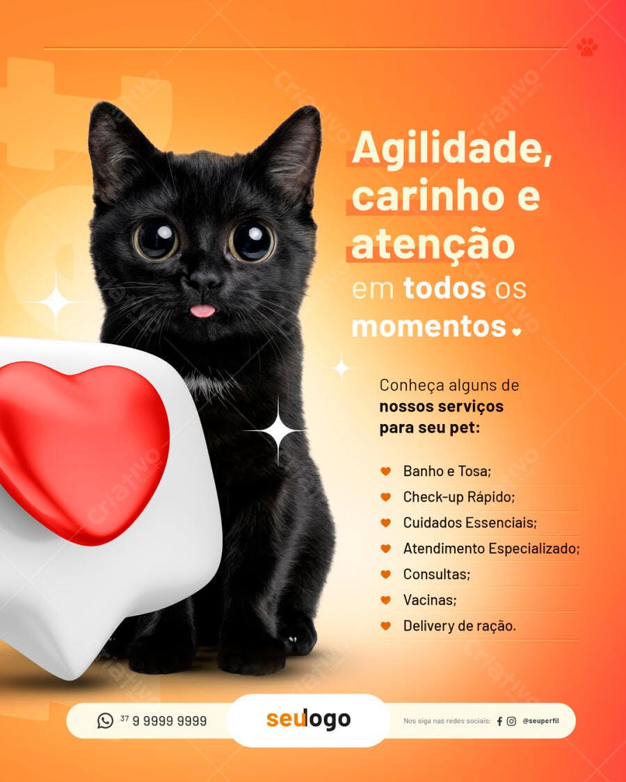Post Pet Shop Gato Preto Fofo Agilidade e Carinho PSD Editável