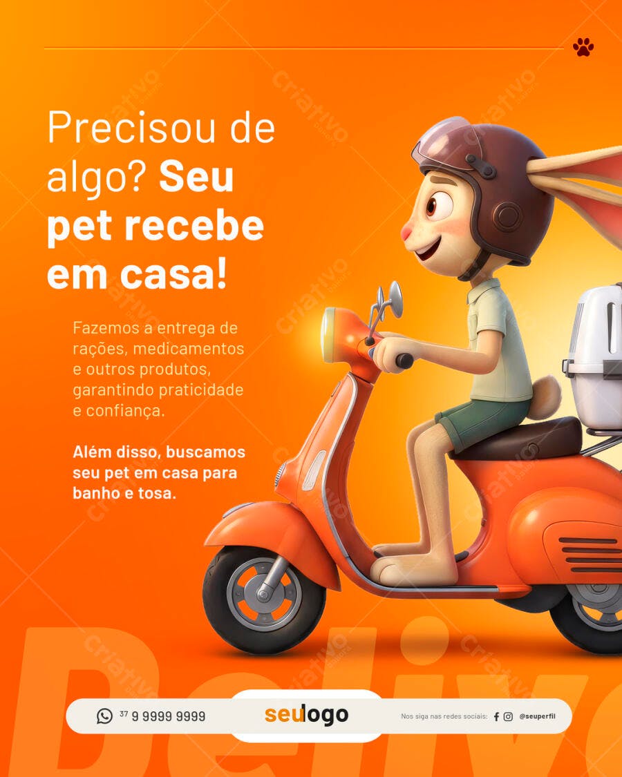 Flyer Pet Delivery Coelho Entregador em Scooter Laranja PSD Editável