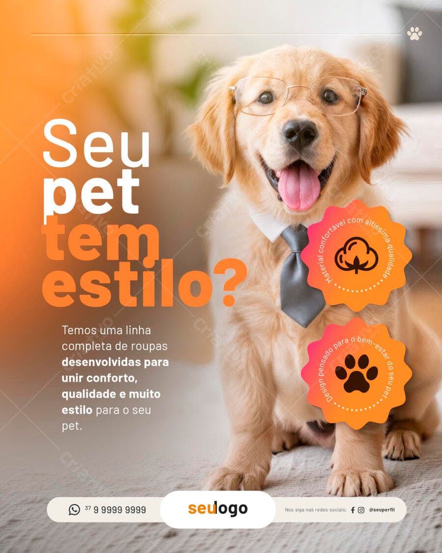 Post para Redes Sociais Pet Shop Roupas de Cães Estilosos PSD Editável