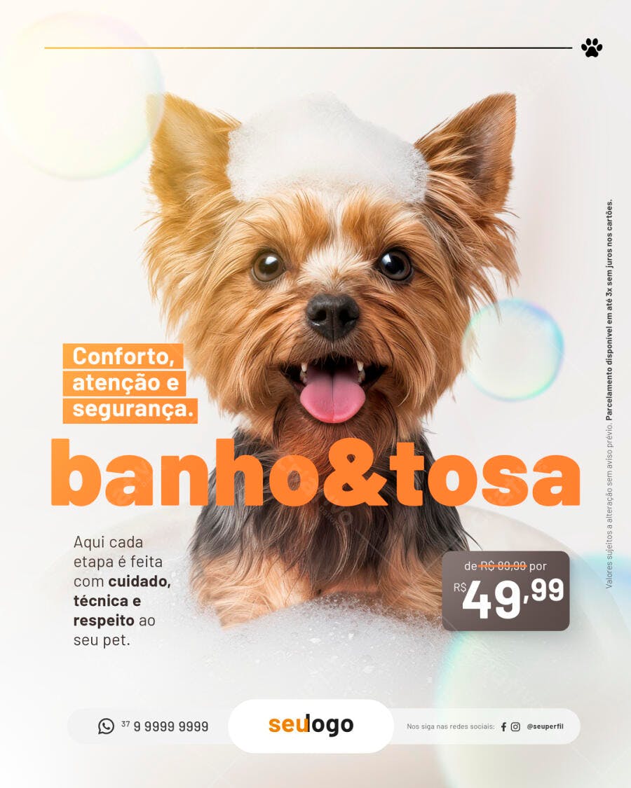 Flyer Pet Shop Banho e Tosa Yorkshire com Espuma Oferta PSD Editável