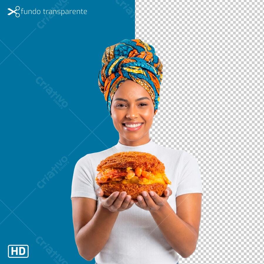 Imagem para Acarajé mulher negra sorrindo turbante colorido PNG com fundo transparente