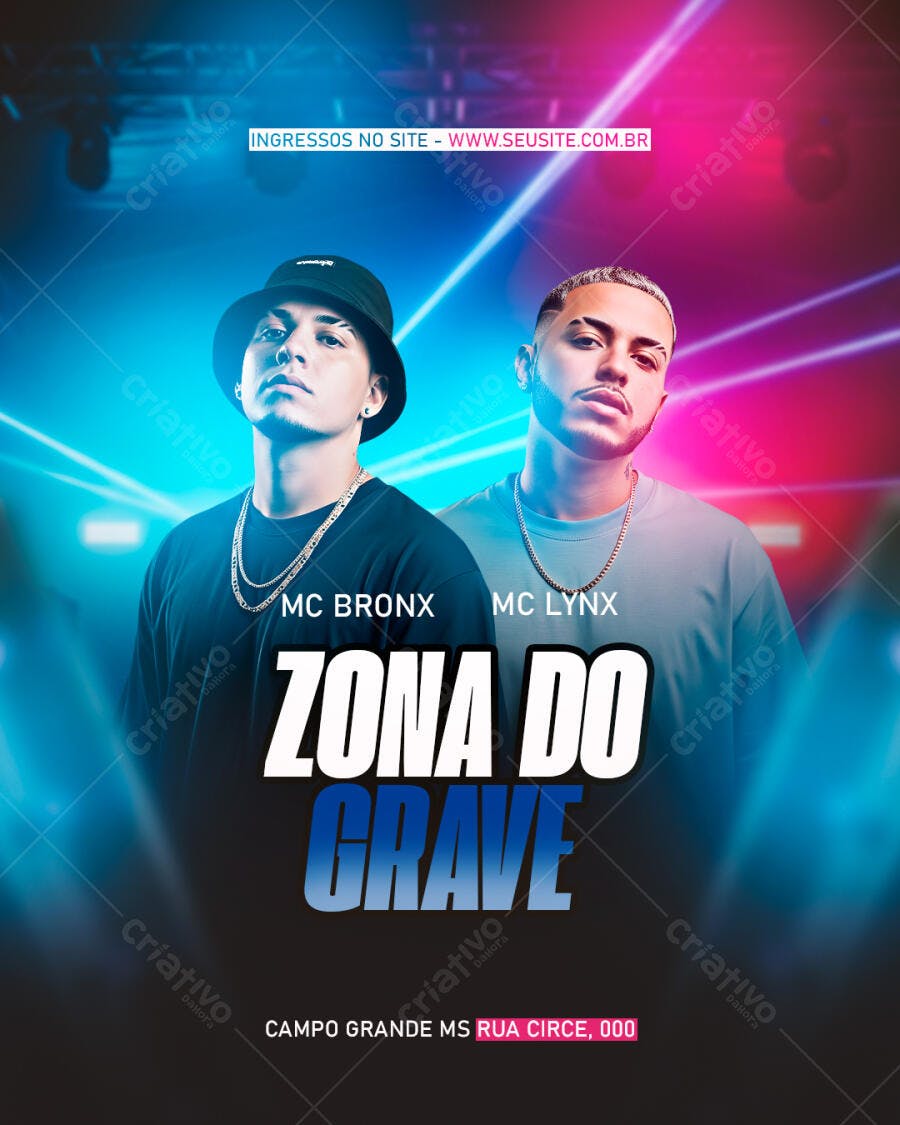 Flyer de Show MCs Zona do Grave com MC Bronx e MC Lynx PSD Editável