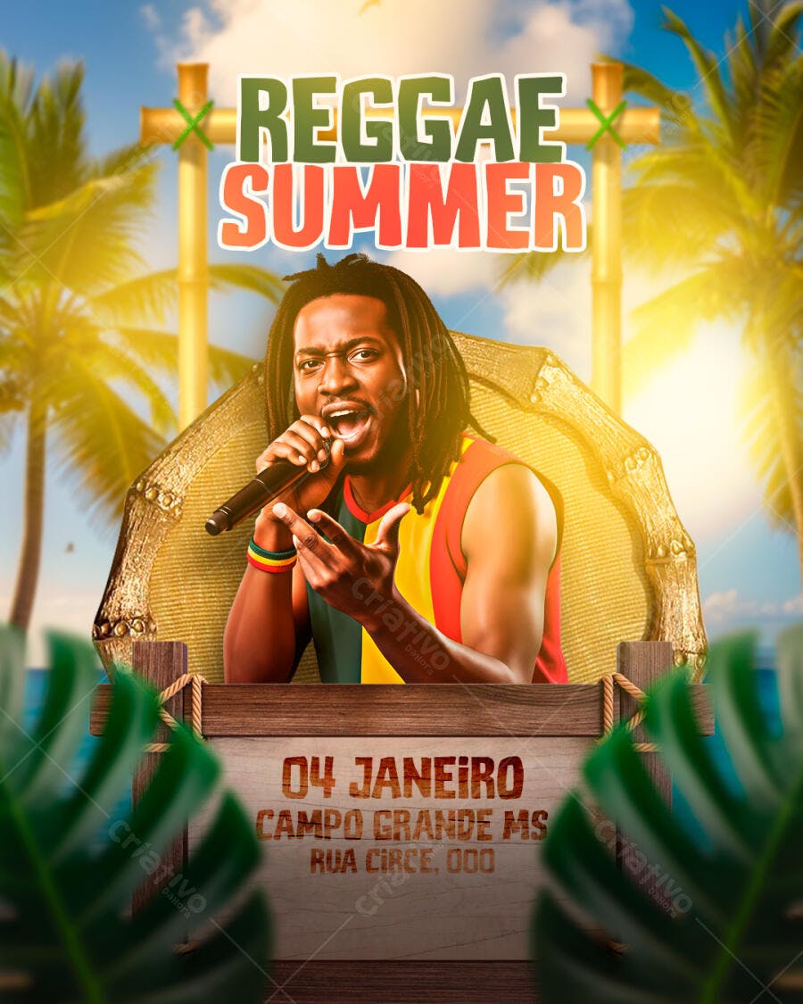 Flyer de Evento Reggae Summer com Cantor de Dreadlocks PSD Editável