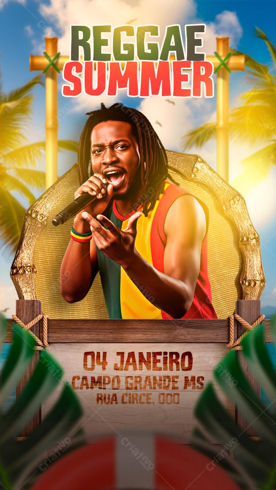 Flyer Reggae Summer com Cantor Dreadlocks e Palmeiras PSD Editável
