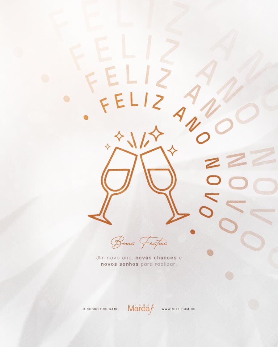 Post de Ano Novo Boas Festas com taças brindando PSD Editável