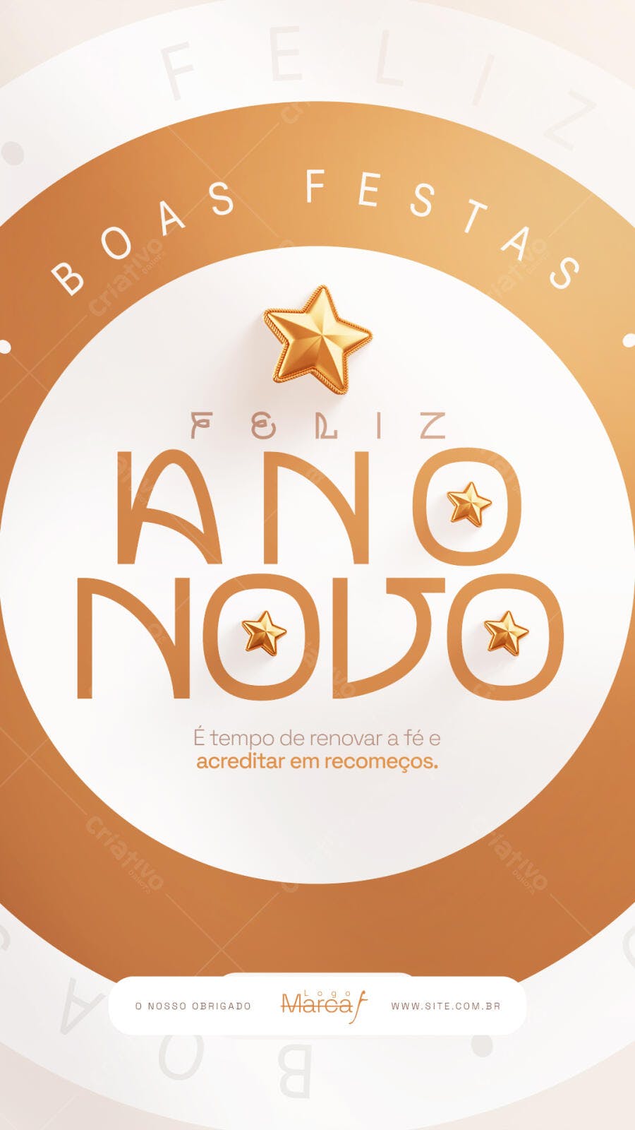 Cartão de Boas Festas e Feliz Ano Novo com Estrelas Douradas PSD Editável
