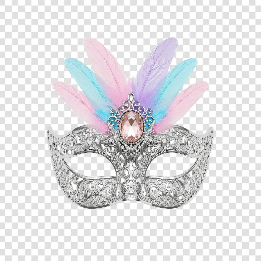 Máscara de Carnaval Prata Penas Pastel Joia Rosa PNG com fundo transparente