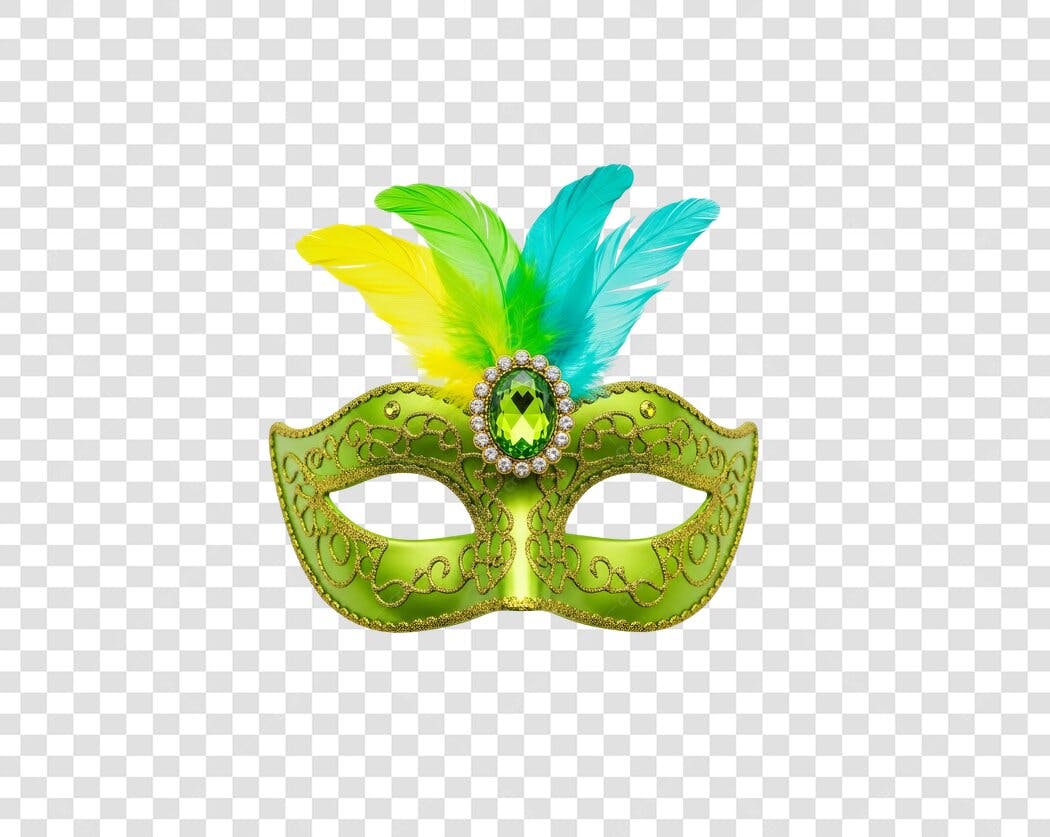 Máscara de Carnaval Verde com Penas Coloridas PNG com fundo transparente
