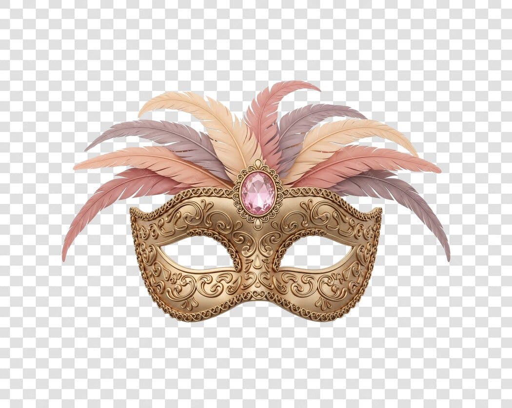 Máscara de Carnaval Dourada com Penas Rosas Luxuosa PNG com fundo transparente
