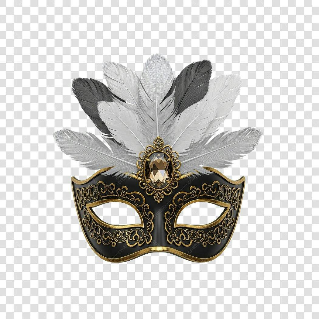 Máscara de Carnaval Elegante Dourada e Preta com Penas Brancas PNG com fundo transparente