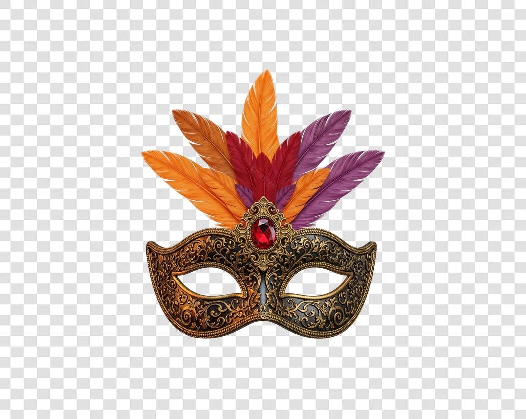 Máscara de Carnaval Dourada Elegante Penas Laranja Roxas Vermelhas PNG com fundo transparente