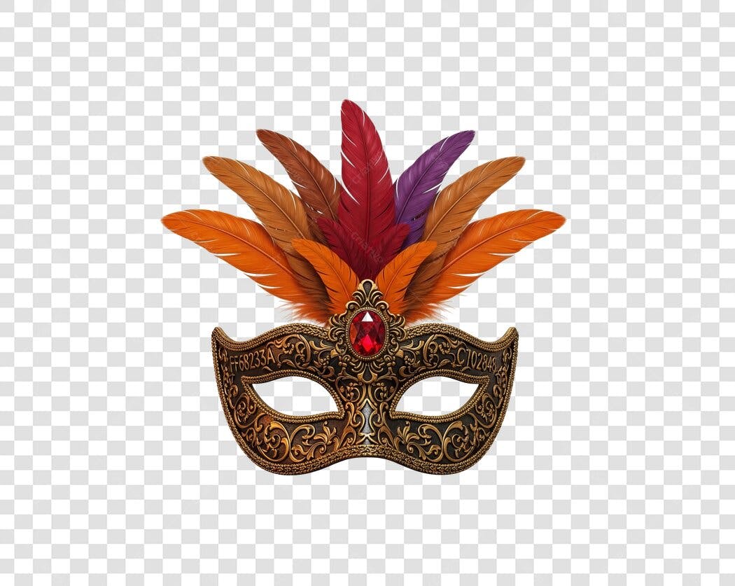 Elemento gráfico Máscara Veneziana Dourada Penas Coloridas Carnaval PNG com fundo transparente