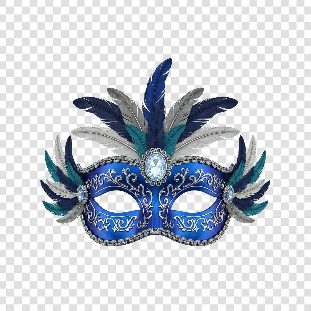 Elemento Gráfico Máscara de Carnaval Azul Penas e Joias PNG com fundo transparente