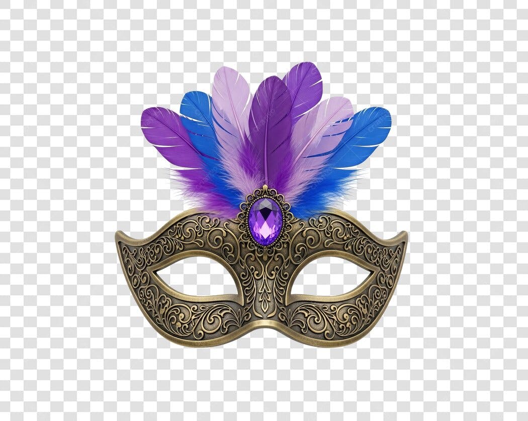 Máscara de Carnaval Dourada Penas Roxas Azuis PNG com fundo transparente