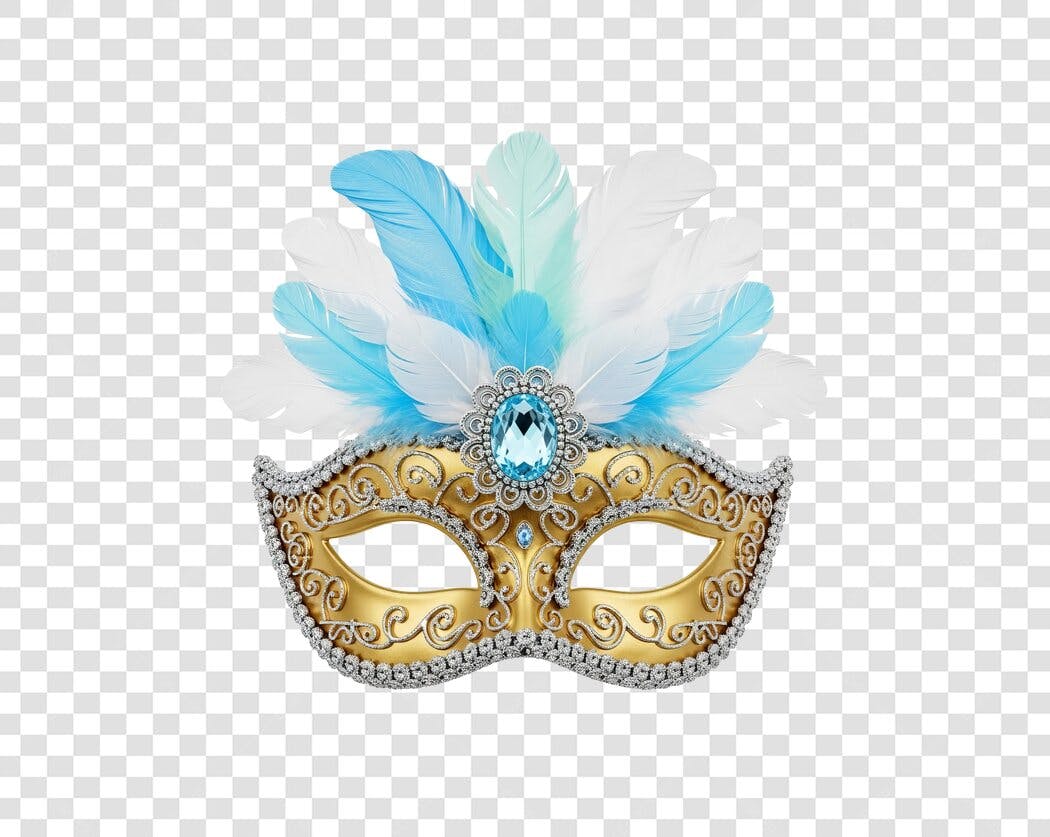 Máscara de Carnaval Dourada com Penas Azuis PNG com fundo transparente