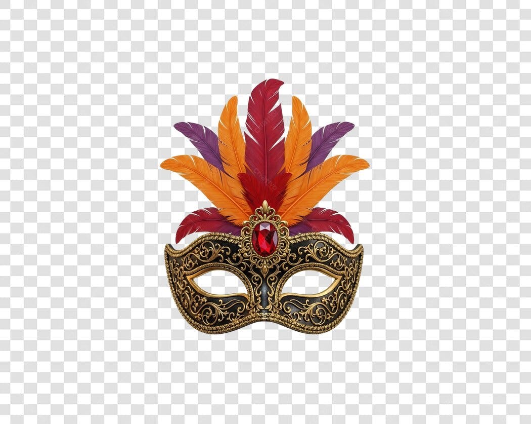 Máscara de Carnaval luxuosa preta dourada penas coloridas PNG com fundo transparente