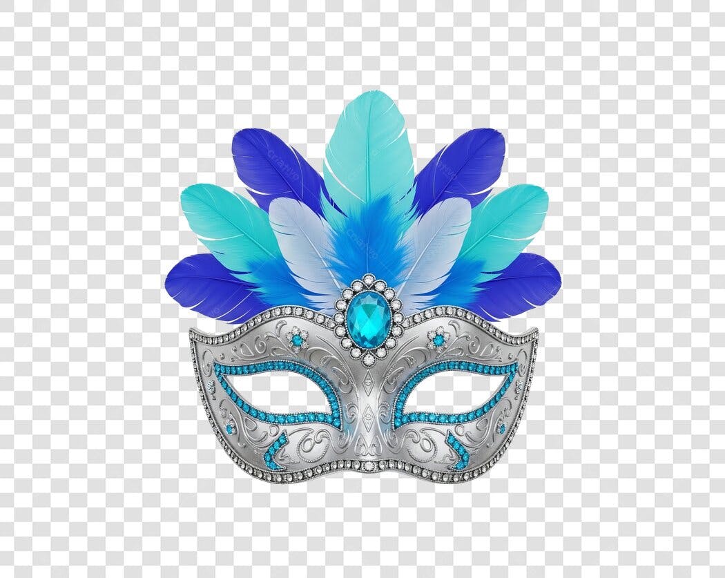 Máscara de Carnaval Azul Prata com Penas para Festa PNG com fundo transparente