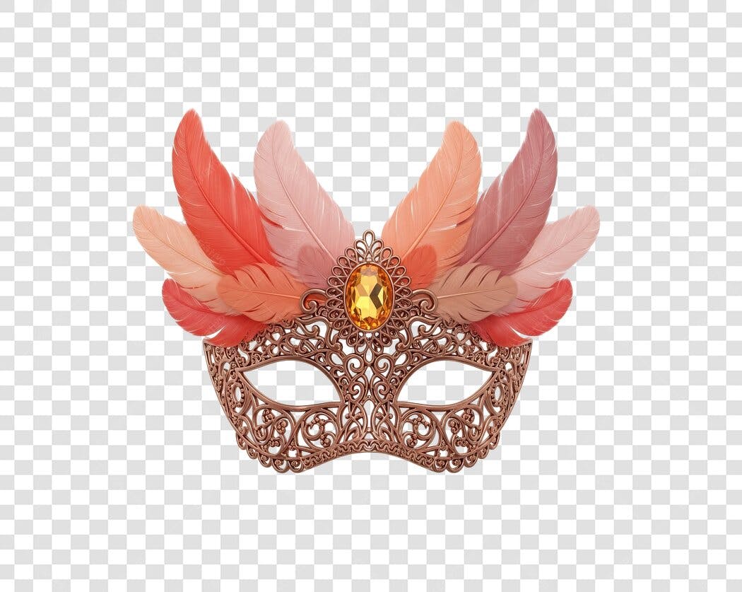 Ilustração Máscara de Carnaval com Penas e Joia Dourada PNG com fundo transparente