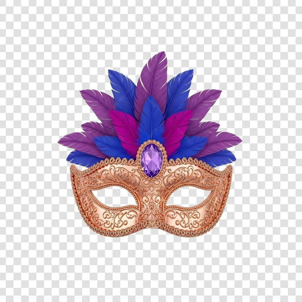 Elemento Gráfico Máscara Carnaval Dourada Penas Roxas Azuis PNG com fundo transparente