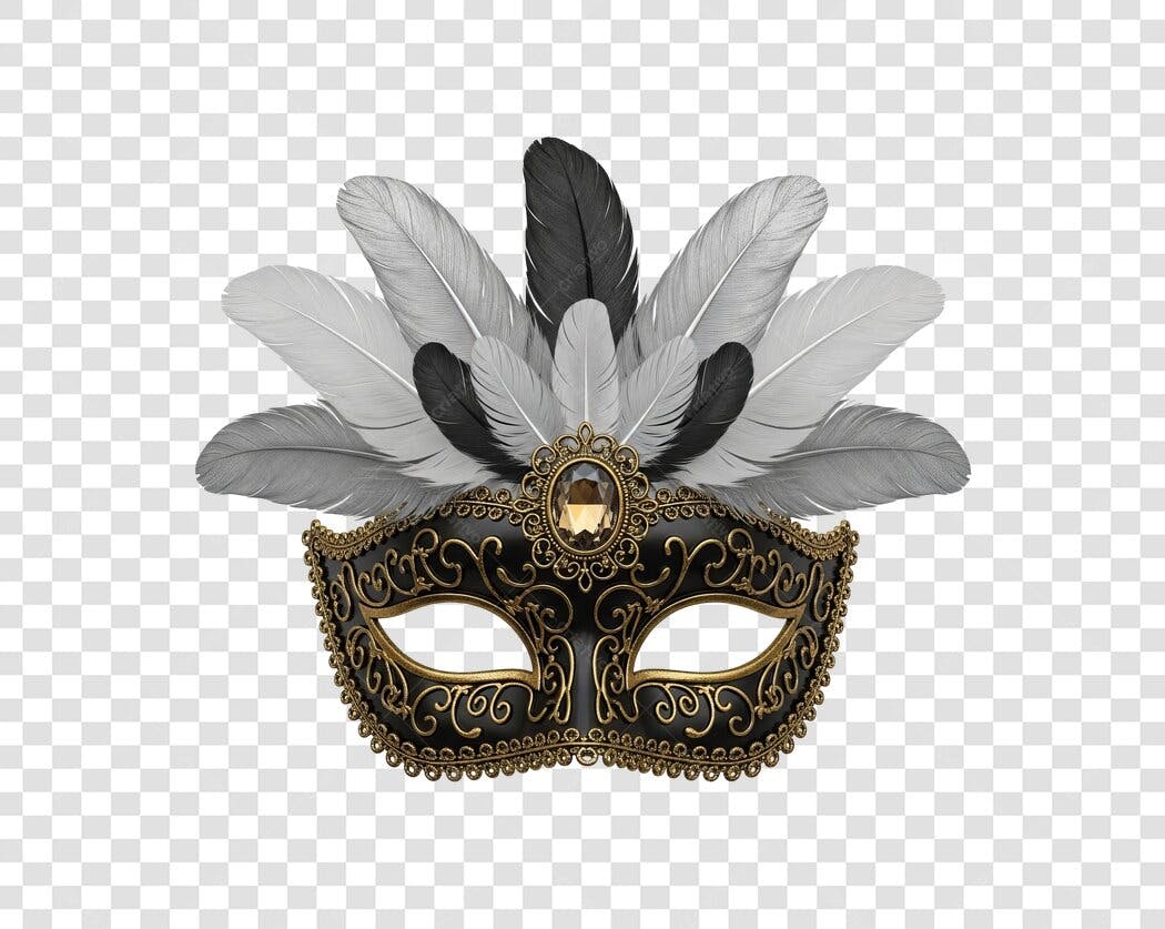 Máscara de Carnaval Veneziana preta dourada penas cinzas PNG com fundo transparente