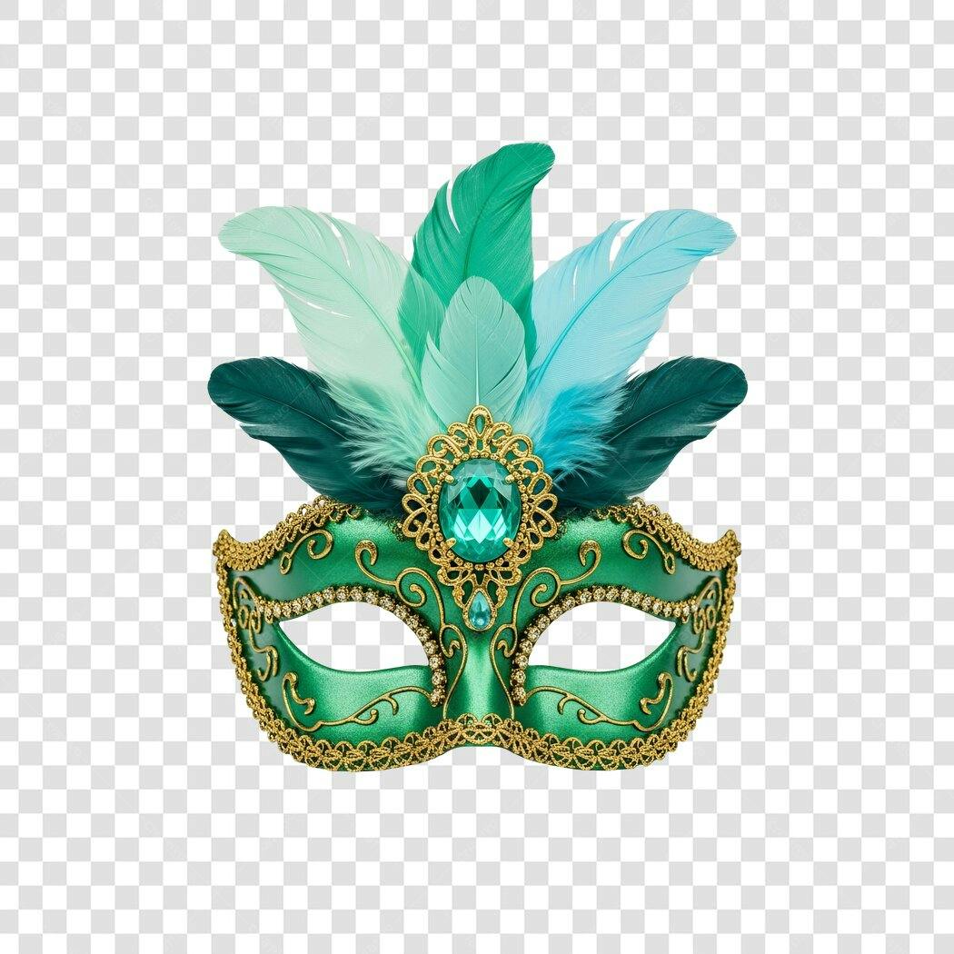Máscara de Carnaval Elegante Verde e Dourada com Penas PNG com fundo transparente
