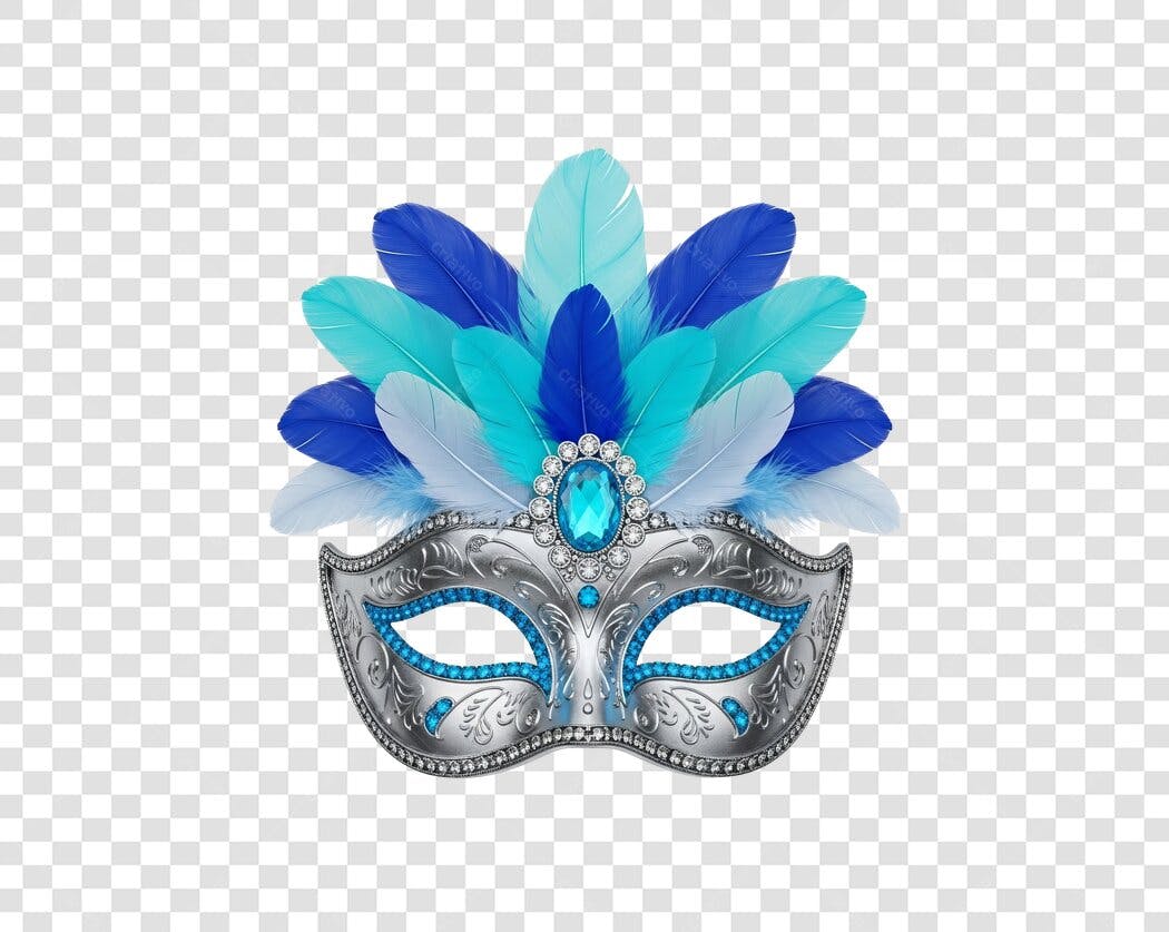 Máscara de Carnaval Prata com Penas Azuis e Joias PNG com fundo transparente