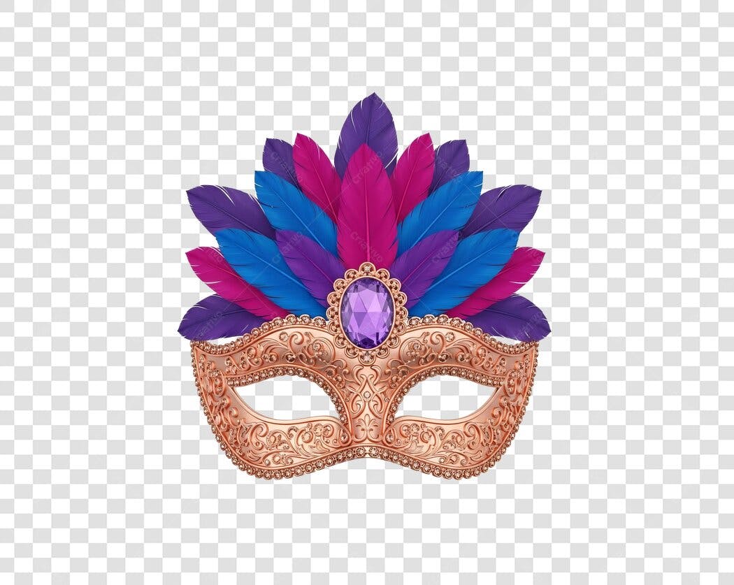 Máscara de Carnaval decorada com penas coloridas e joia PNG com fundo transparente