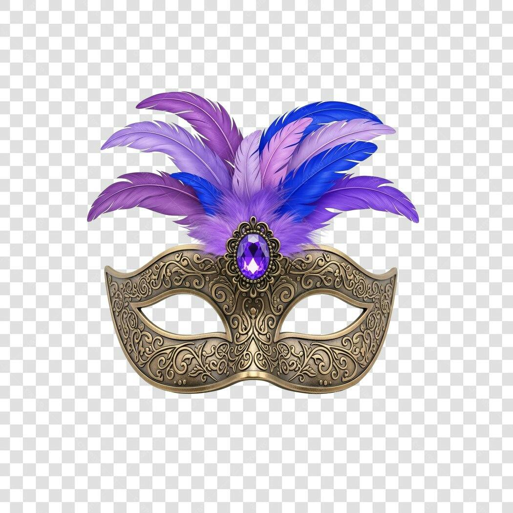 Elemento Decorativo Máscara de Carnaval Dourada Penas Roxas Azuis PNG com fundo transparente