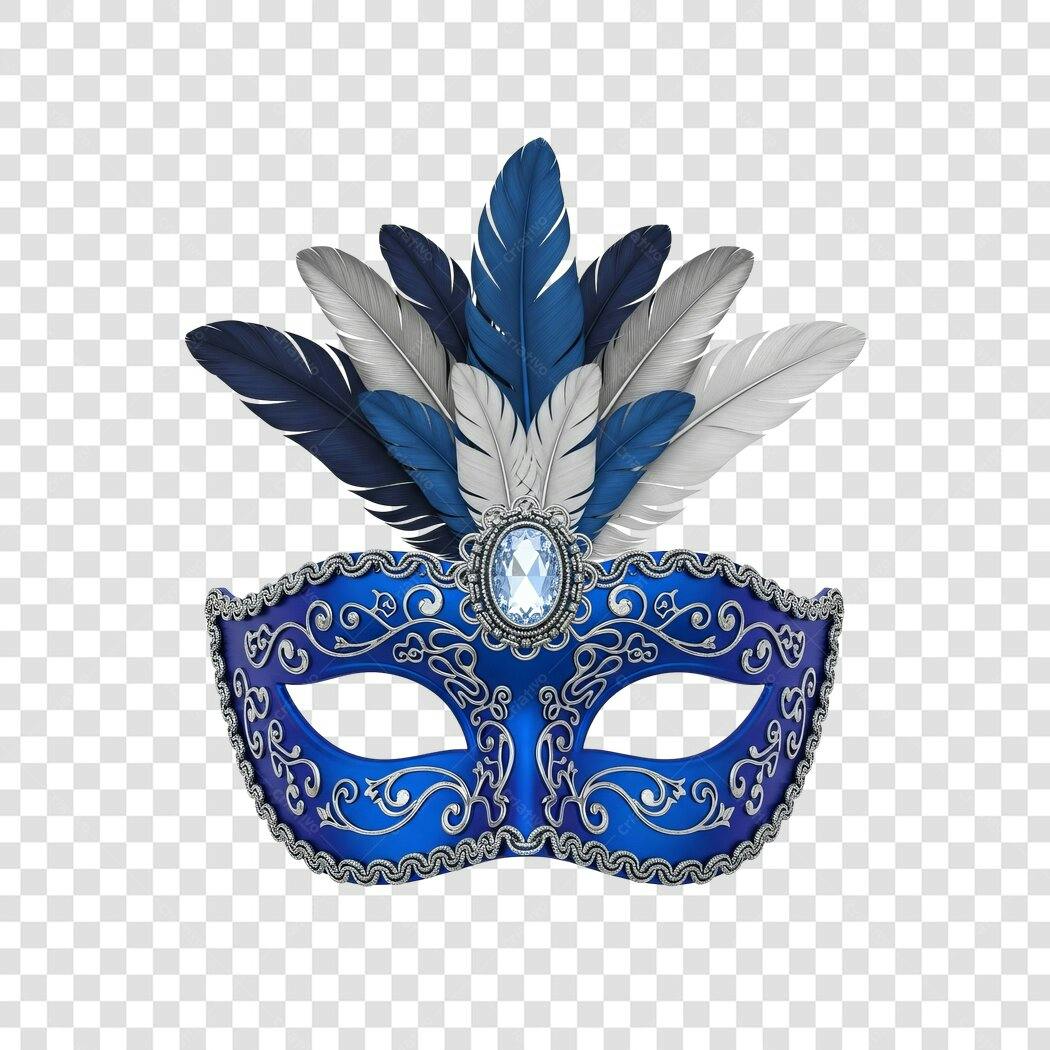 Máscara Veneziana de Carnaval azul e prata com penas PNG com fundo transparente