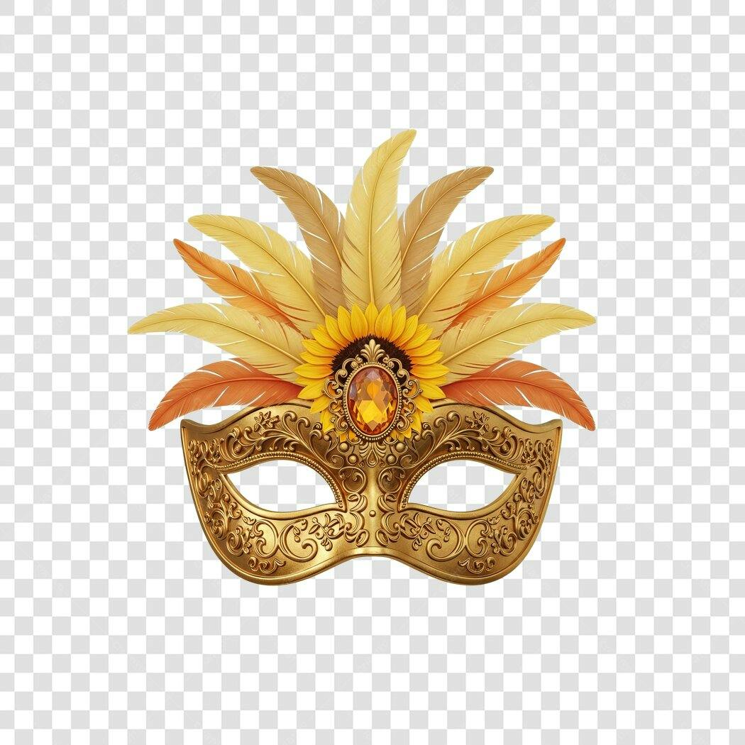 Máscara de Carnaval Dourada com Penas e Gema PNG com fundo transparente
