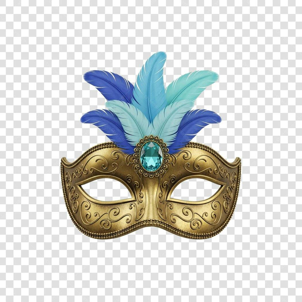 Máscara de Carnaval Dourada Penas Azuis Gema Turquesa PNG com fundo transparente