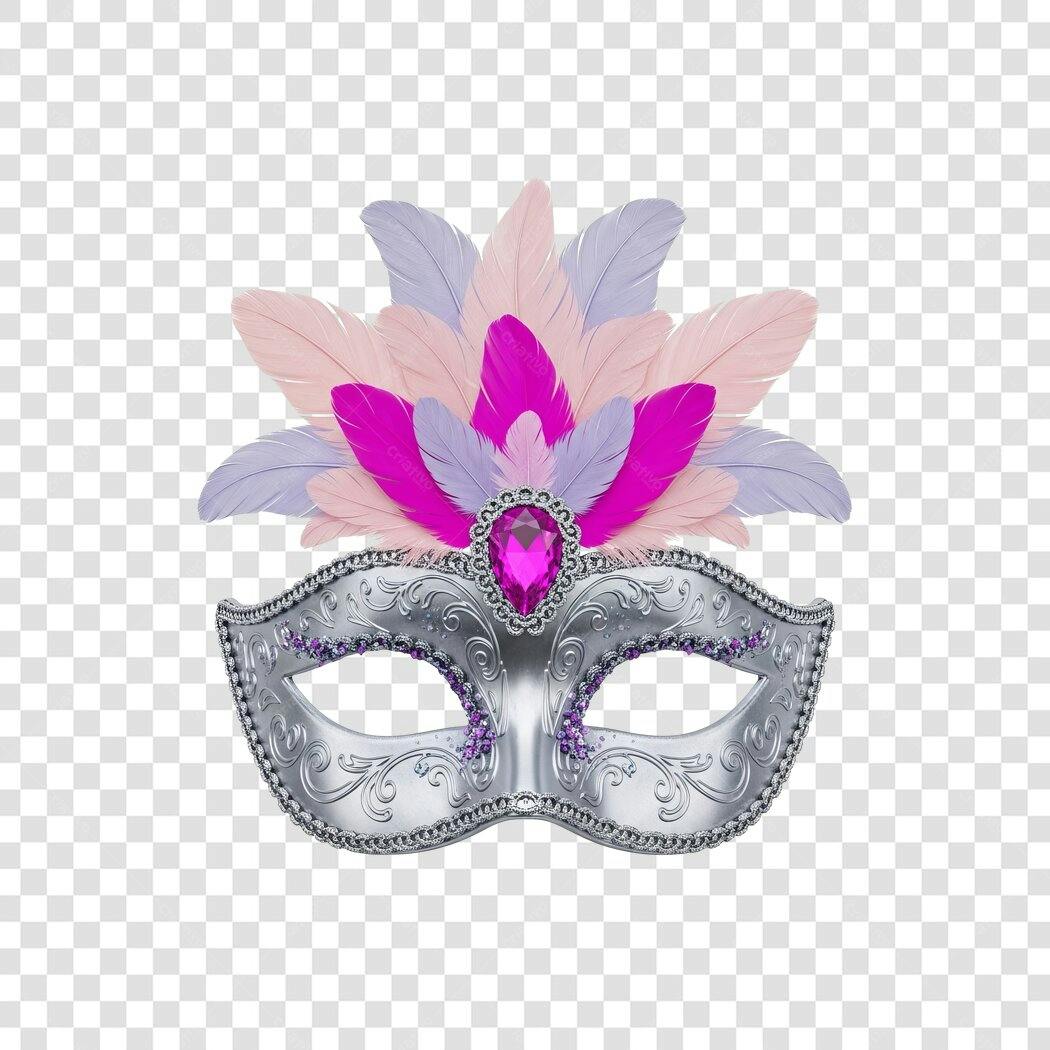 Máscara de Carnaval Luxuosa Prata com Penas Coloridas PNG com fundo transparente