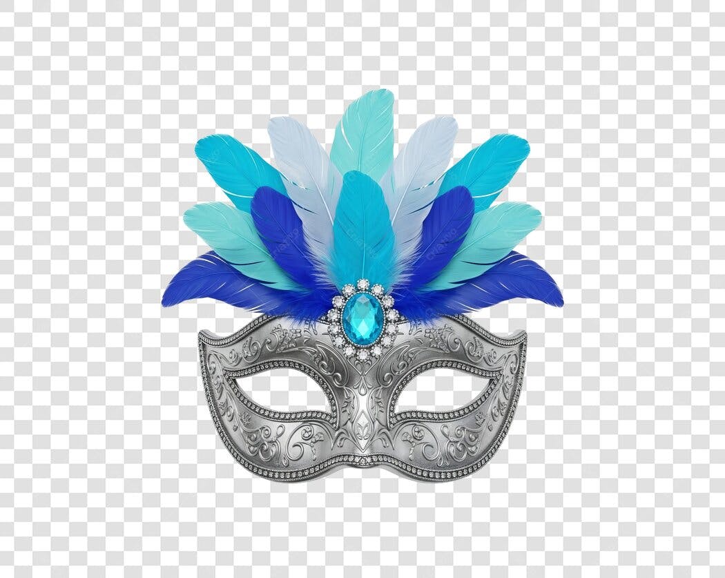 Máscara de Carnaval Prata e Azul com Penas e Joia PNG com fundo transparente